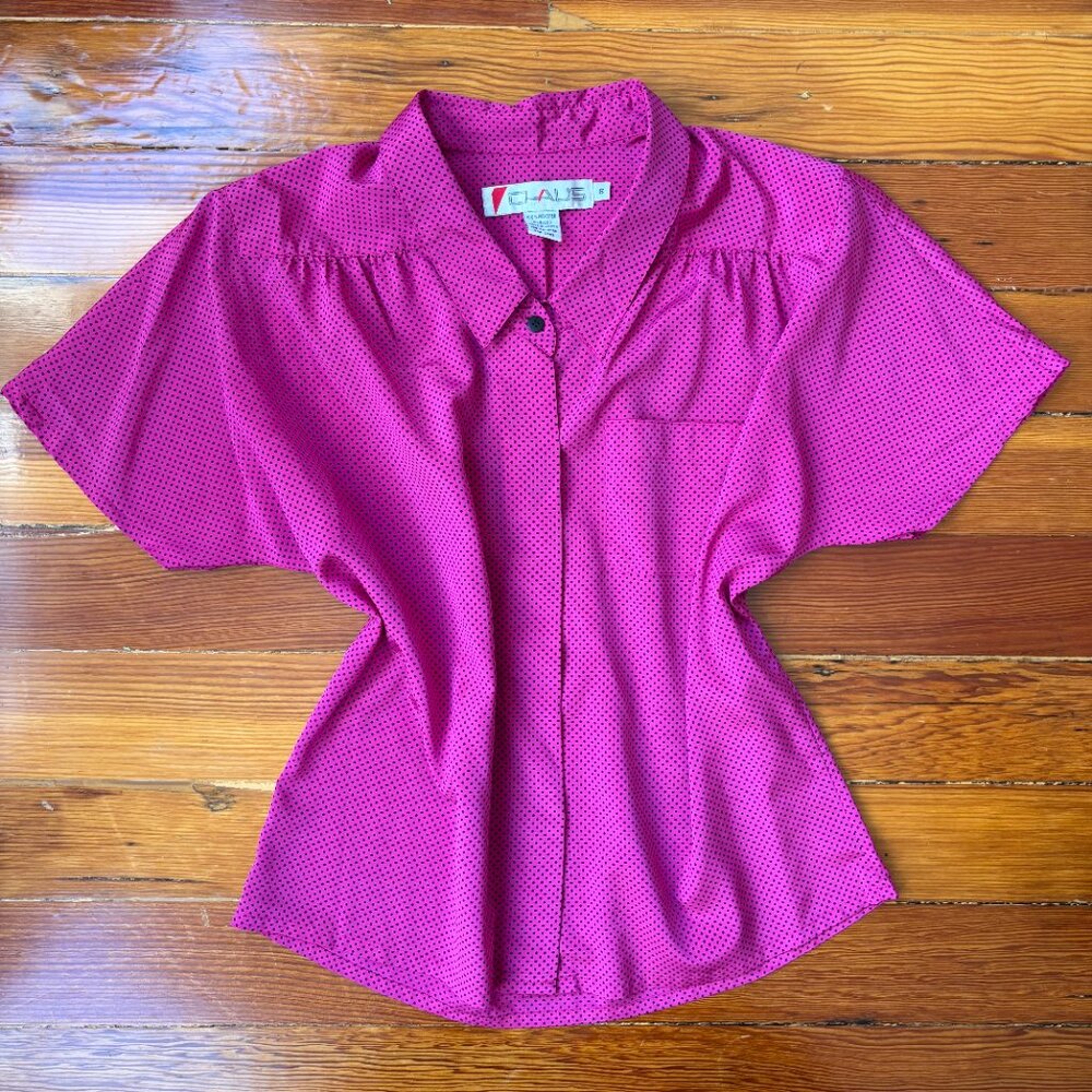 80s Vintage Twee Hot Pink Polka Dot Short Sleeve Button Down Blouse Claus MEDIUM
